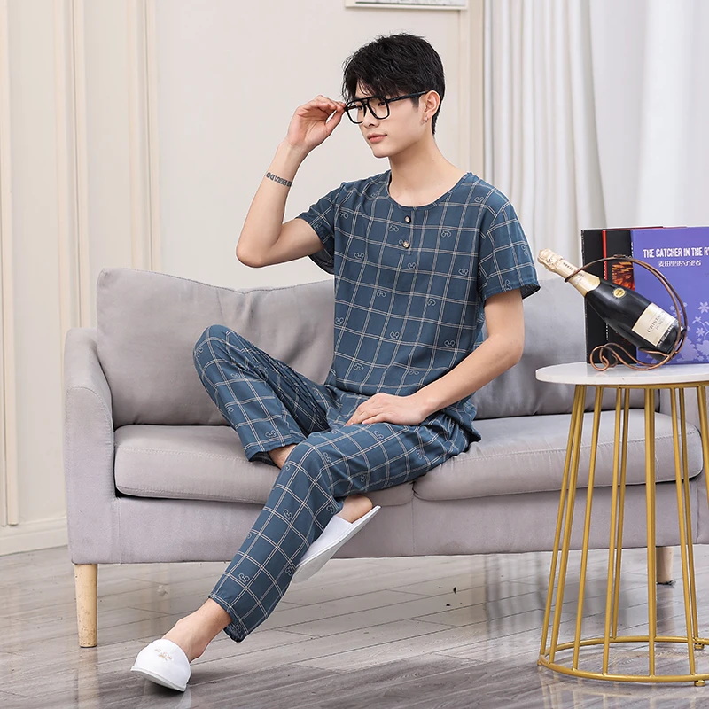 夏季棉绸家居服爸爸装宽松大码圆领短袖睡衣中老年男士两件套装