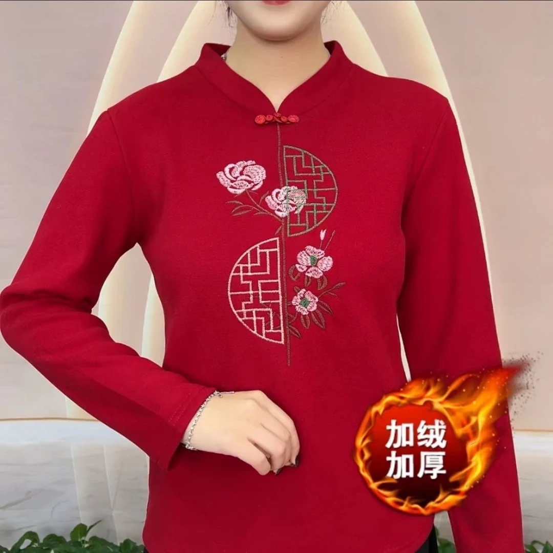 刺绣款中式加绒加厚保暖衣宽松大码女装冬季新款上衣