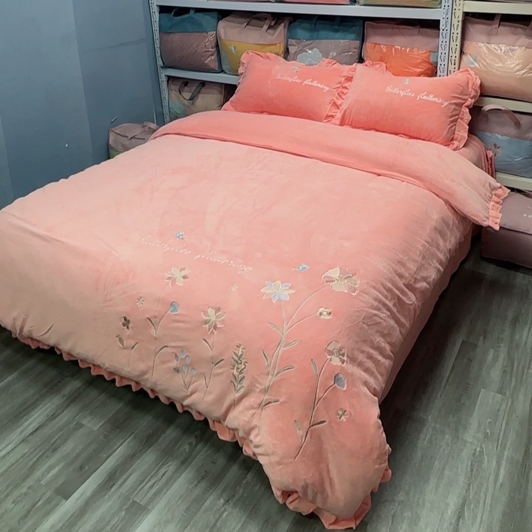 韩版牛奶绒四件套10斤左右加厚保暖冬季纯色床单被套床裙公主风床