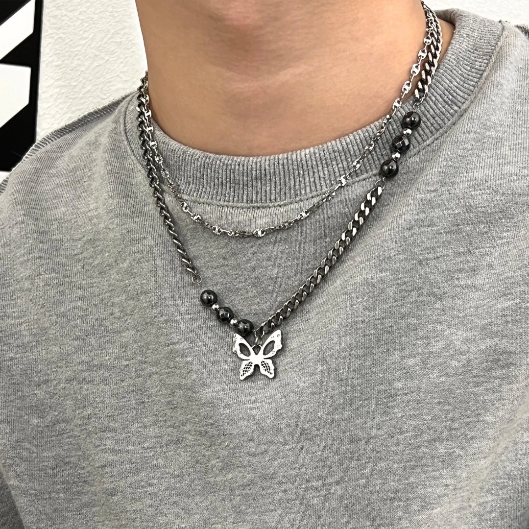 钛钢项链 蝴蝶串珠拼接项链男潮小众个性原创设计嘻哈国风不掉色