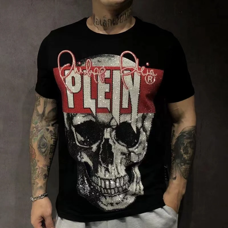 新款欧货T恤奥钻短袖 圆领男士镶钻潮流轻奢半袖时尚【红字骷髅头】