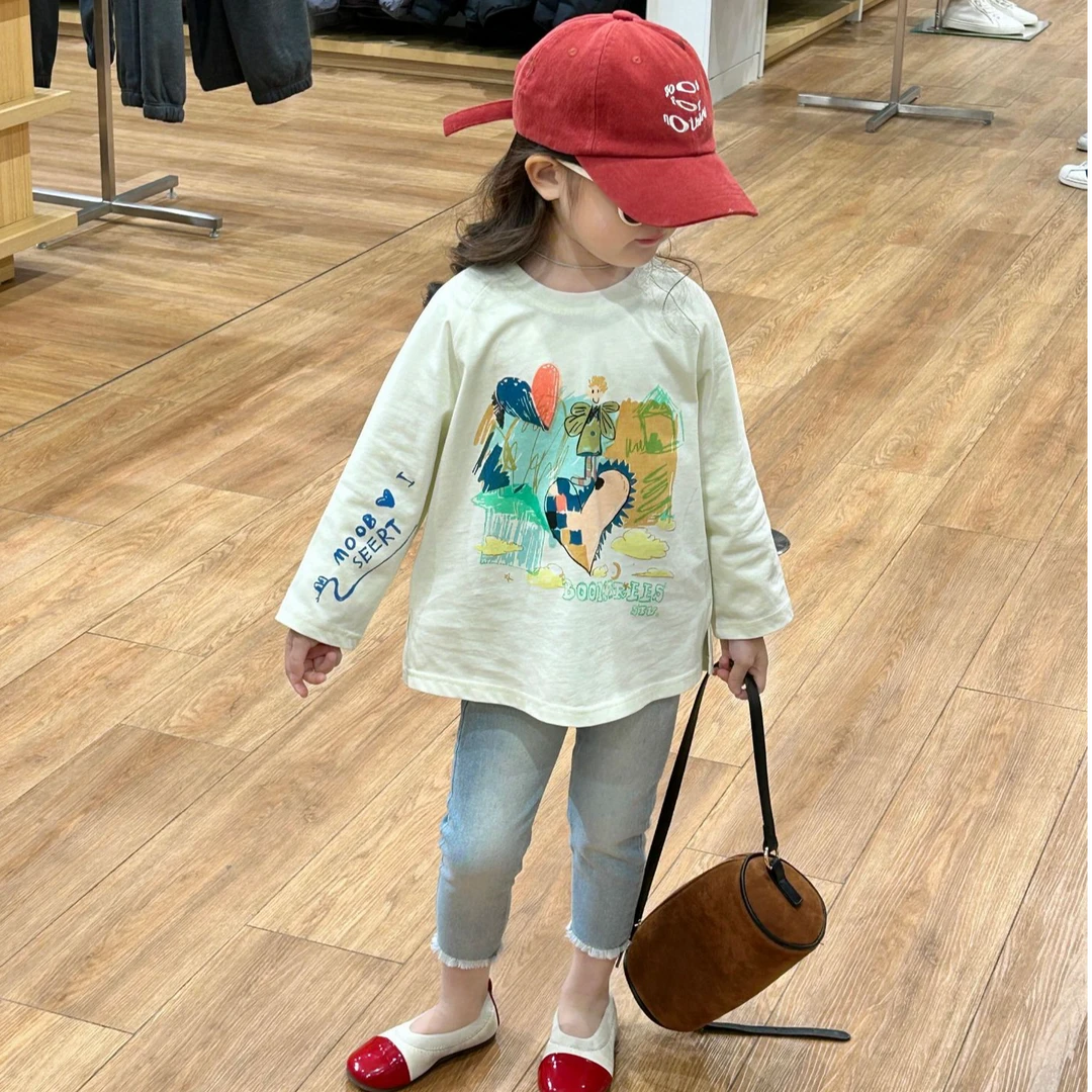 2025秋女童韩版休闲宽松洋气上衣时髦儿童打底衫印花长袖T恤百搭T
