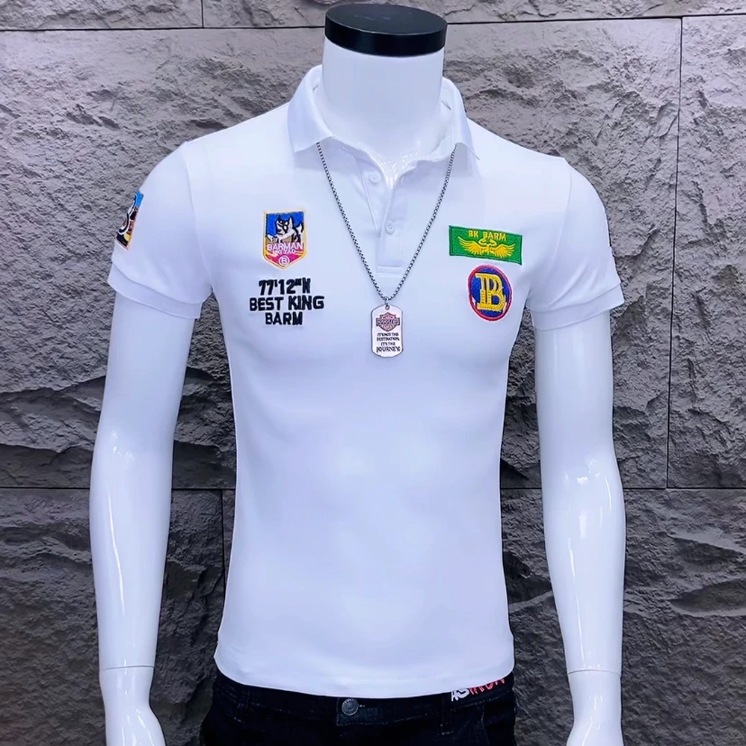 新款韩版潮流时尚修身个性百搭短袖男士男款刺绣贴标Polo衫【828