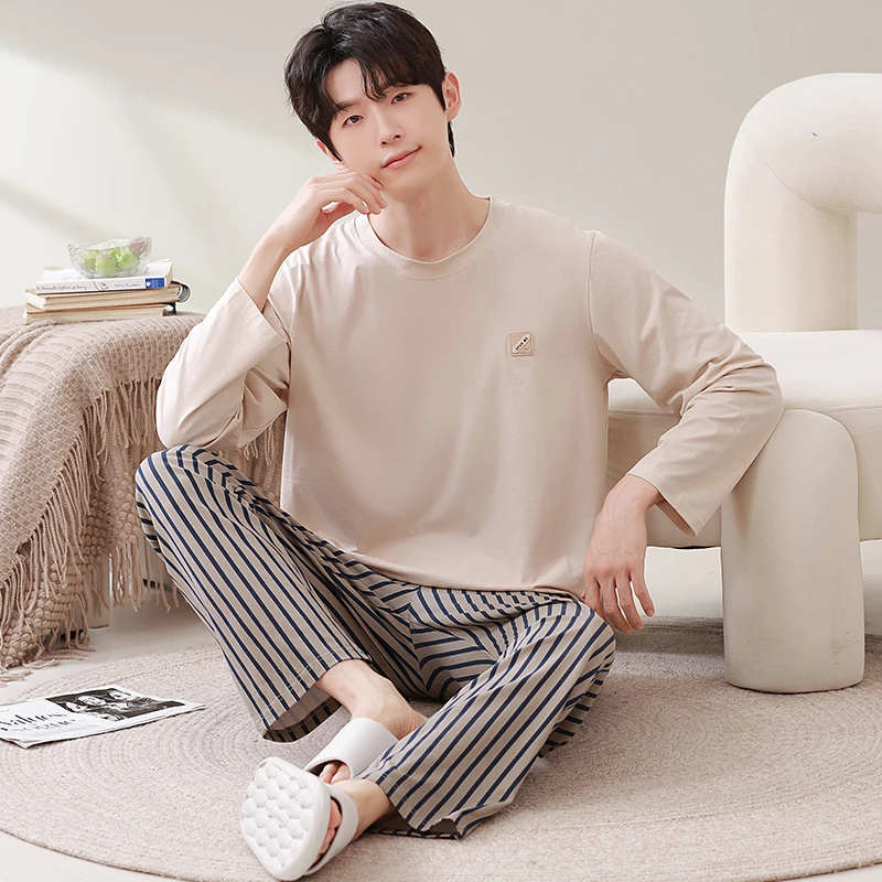 帕兰朵男士睡衣春秋季长袖男款莫代尔秋冬休闲青年圆领家居服套装