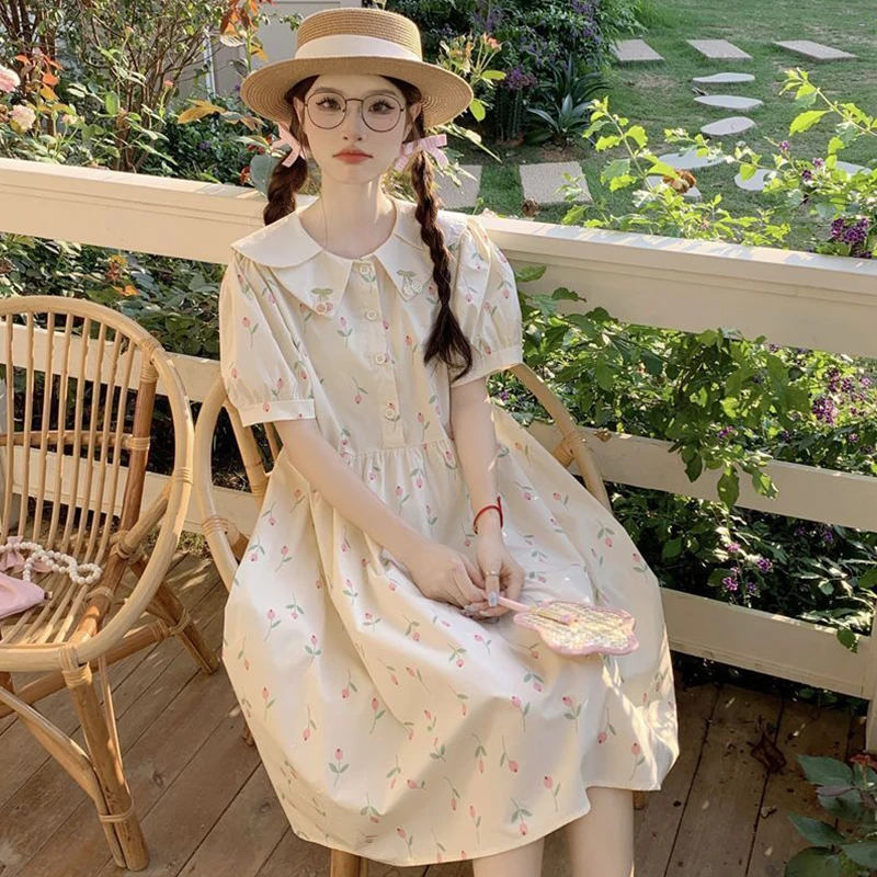 少女学院风甜妹甜美撞色泡泡袖连衣裙女夏季宽松休闲中长款a字裙