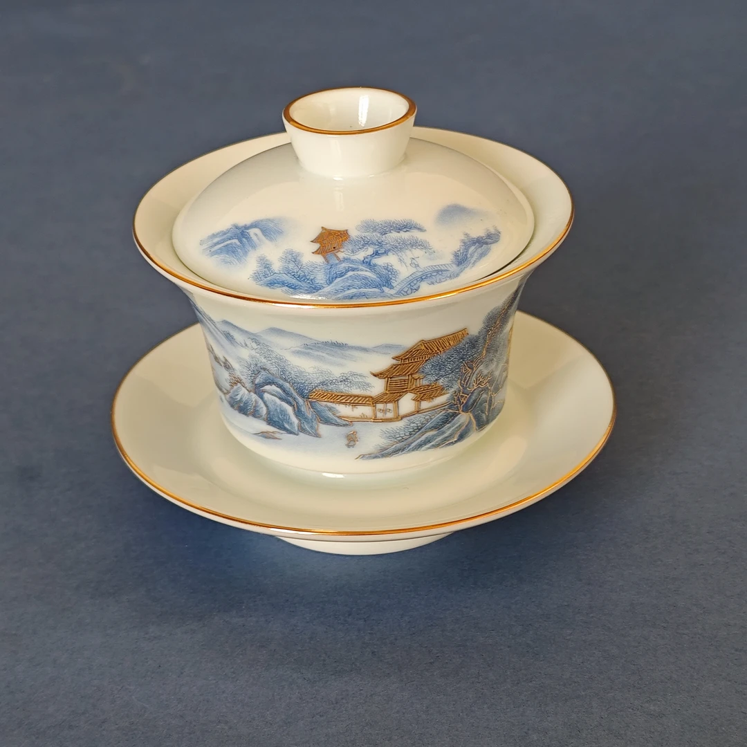 盖碗系列手工家用陶瓷手绘描金水盖白瓷复古茶盖碗主人杯高档