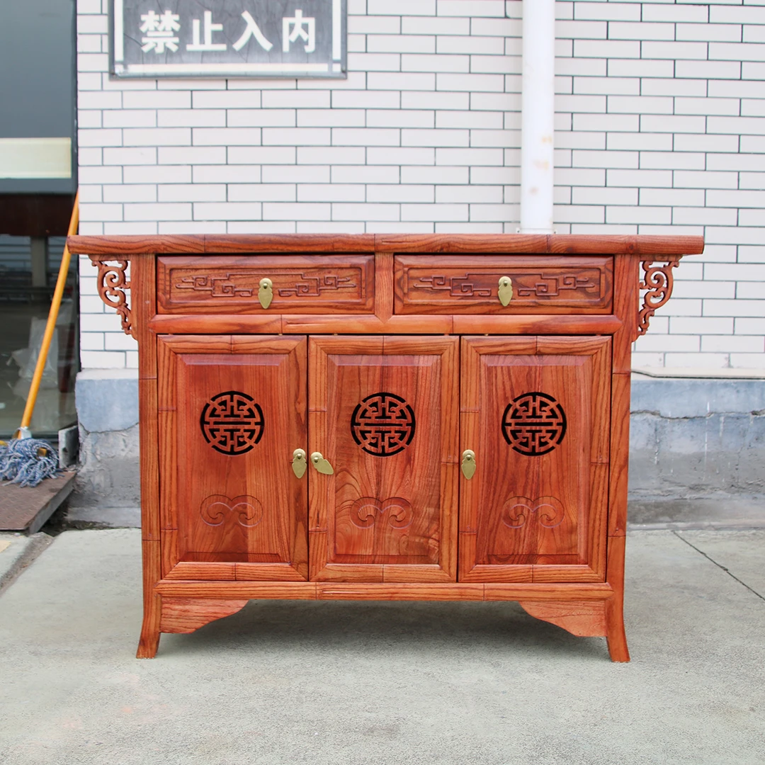 画水伟恒榆木家具餐边收纳柜餐边柜中式玄关储物柜雕花古典餐厅