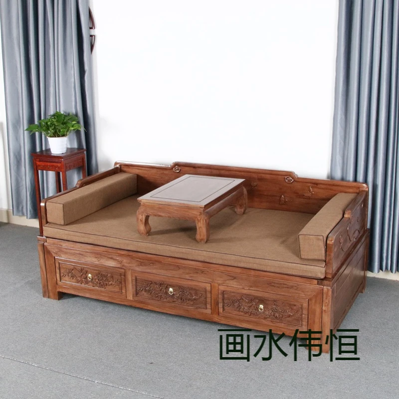画水伟恒北榆木抽拉款两用罗汉床休闲榻实木家具原木手工
