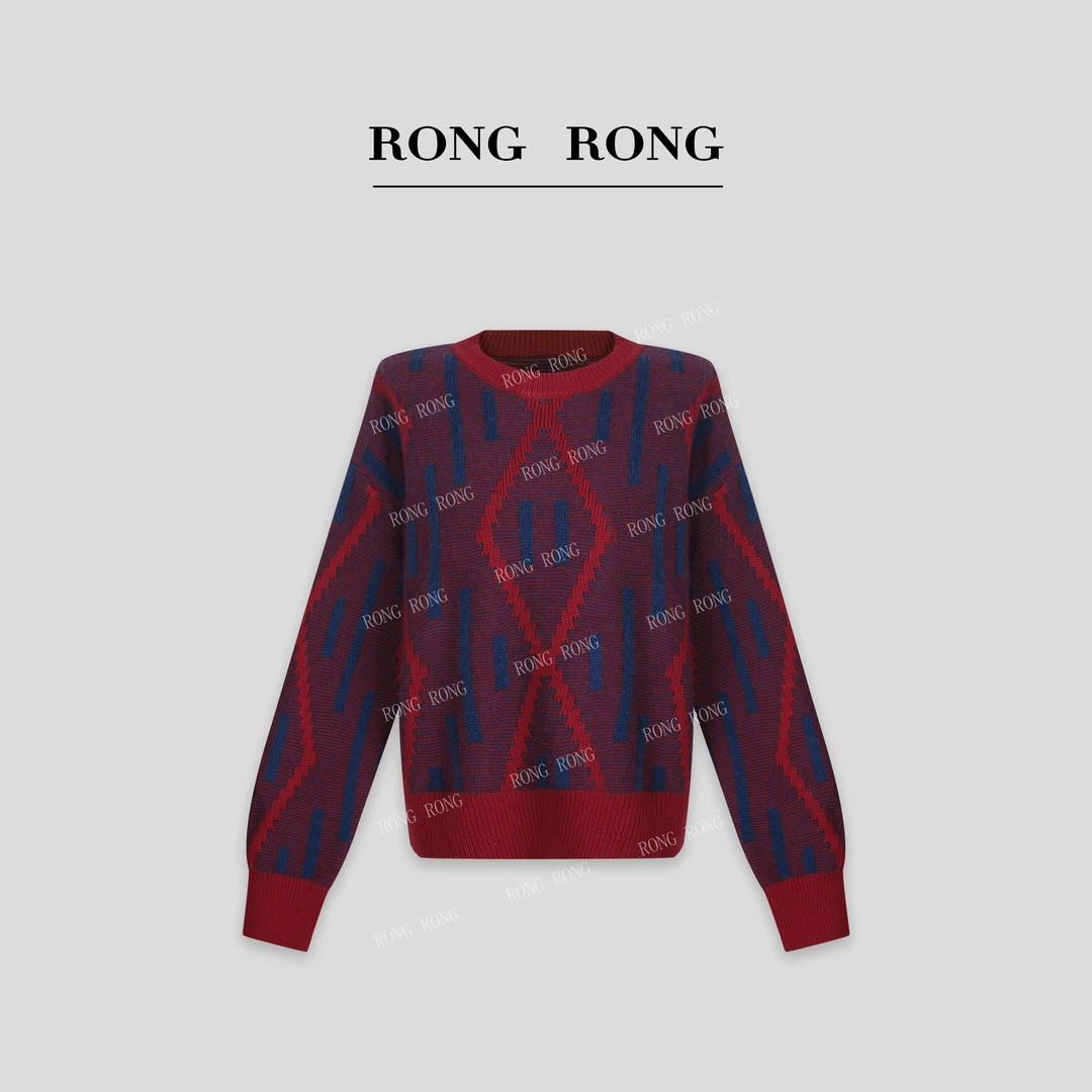 溶溶【艺术色彩】RONGRONG 绵羊毛兔毛圆领撞色提花氛围羊毛衫24155