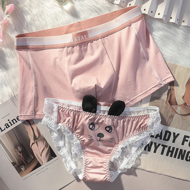 新款2条装情侣内裤一男一女性感纯欲风蕾丝可爱卡通夫妻内衣短裤