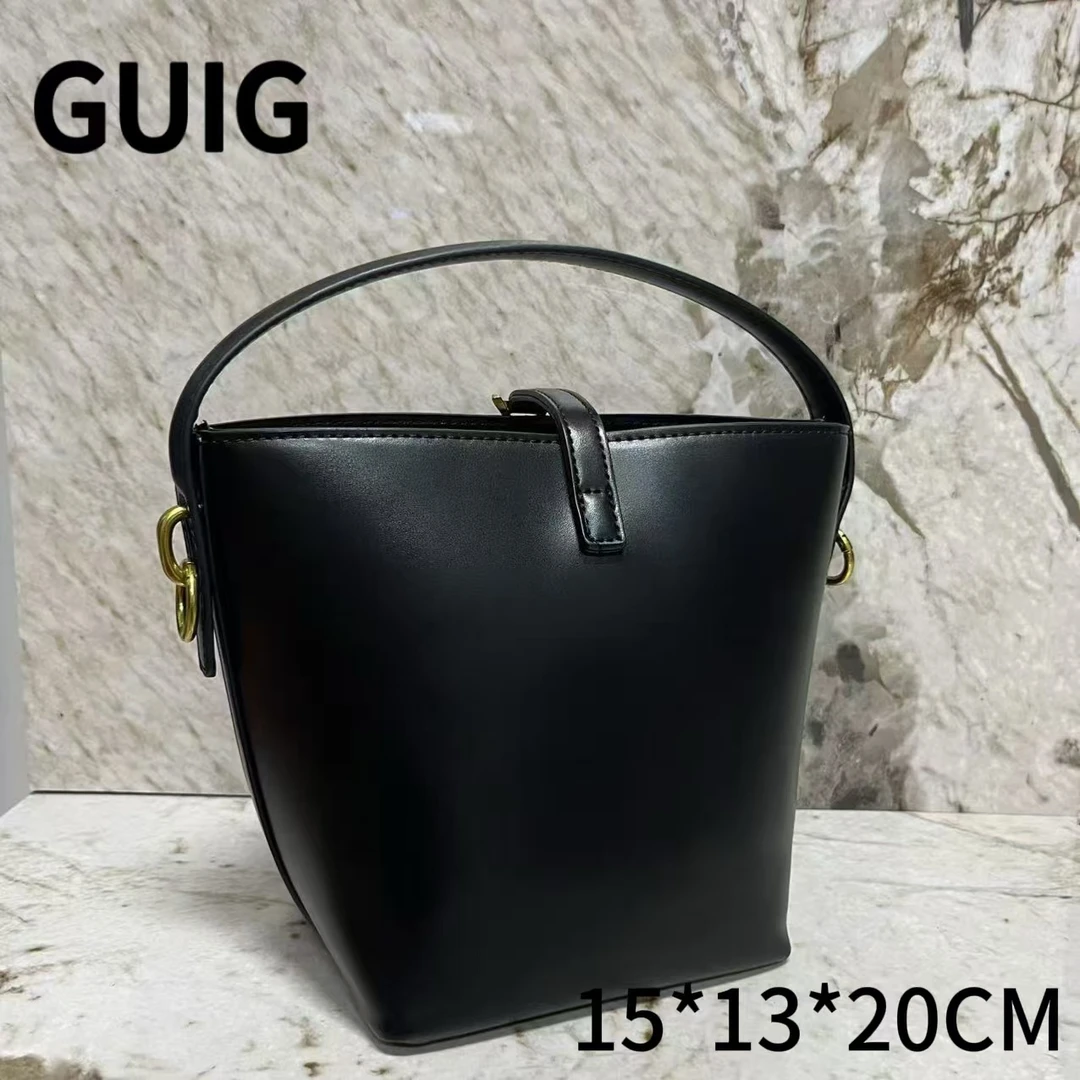 GUIG24秋冬新款手工真皮定制时尚女包光桶黑色1