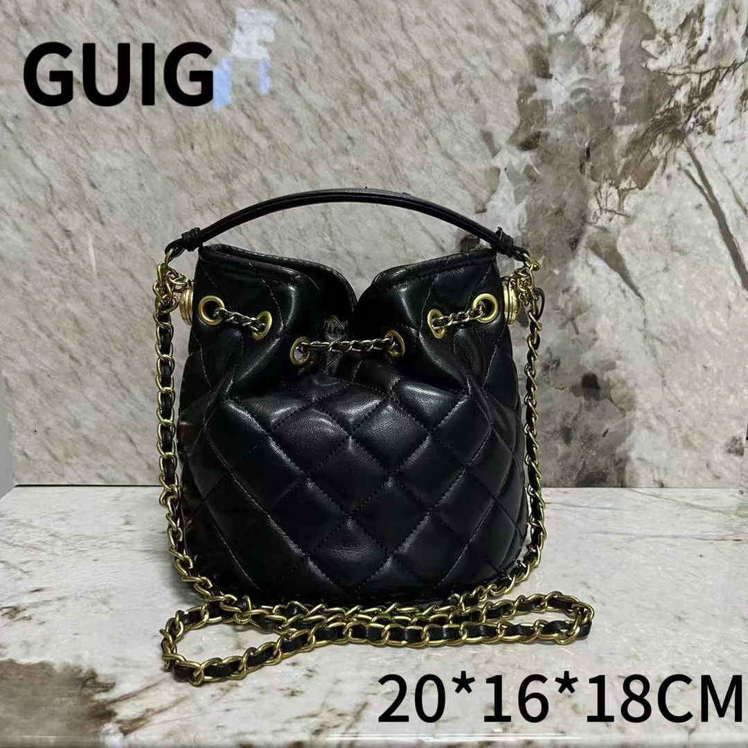 GUIG24秋冬新款手工真皮定制女包圆桶黑色2