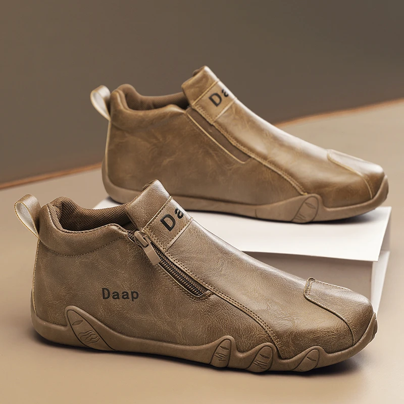 高帮男鞋2025春季新款皮面平底舒适休闲鞋男士时尚百搭防水潮鞋男