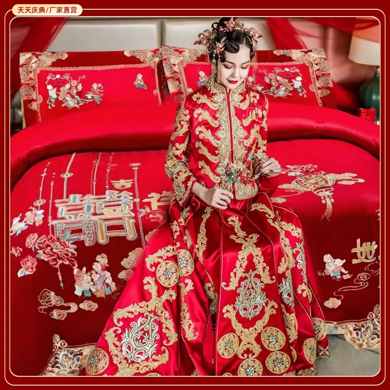 全棉婚庆四件套新婚纯棉100床单被套大红色结婚房床上用品大全