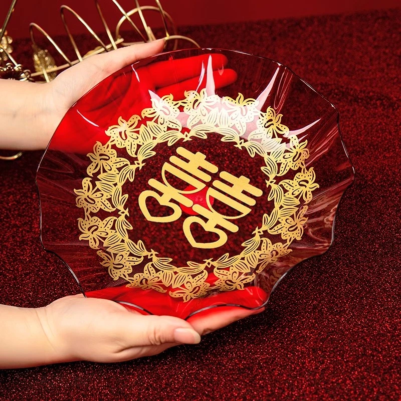 婚庆果盘家用干果盘子结婚盘红色塑料喜糖瓜子中式婚礼用茶盘喜事