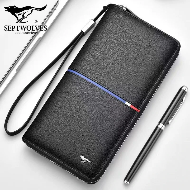 七匹狼钱包男真皮长款拉链手拿包简约手包头层牛皮大容量商务正品