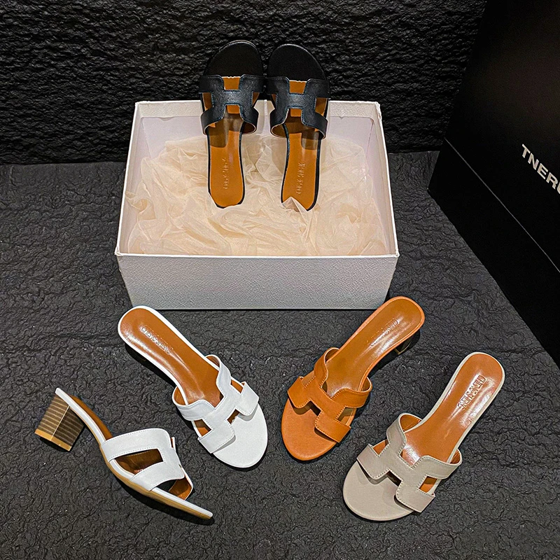 【大象灰】一字拖休闲高跟女凉拖夏季百搭网红粗跟拖鞋女时尚外穿