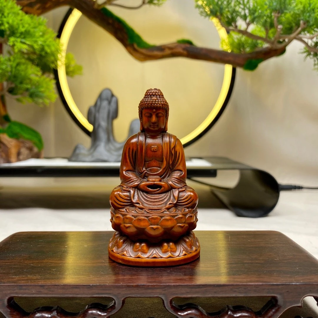 黄杨木仿古大日如来小摆件7.5公分
