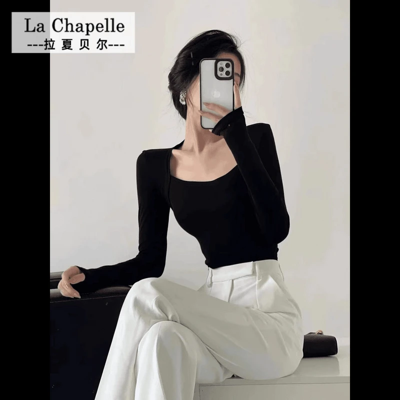 拉夏贝尔JS秋季复古方领长袖t恤时髦显瘦内搭打底衫女上衣潮