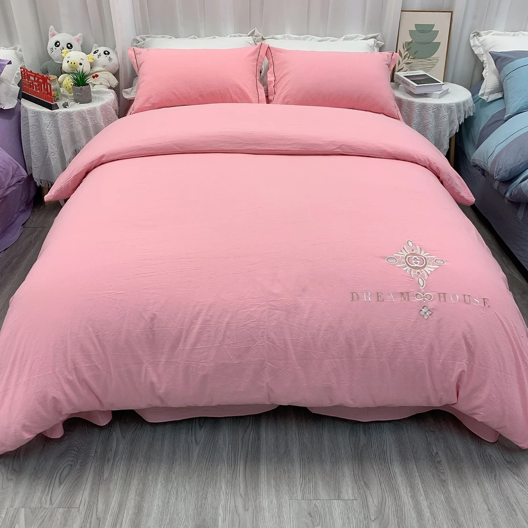 雪京  现货 新款春夏色织全棉水洗棉四件套纯色绣花款亲肤四件套。