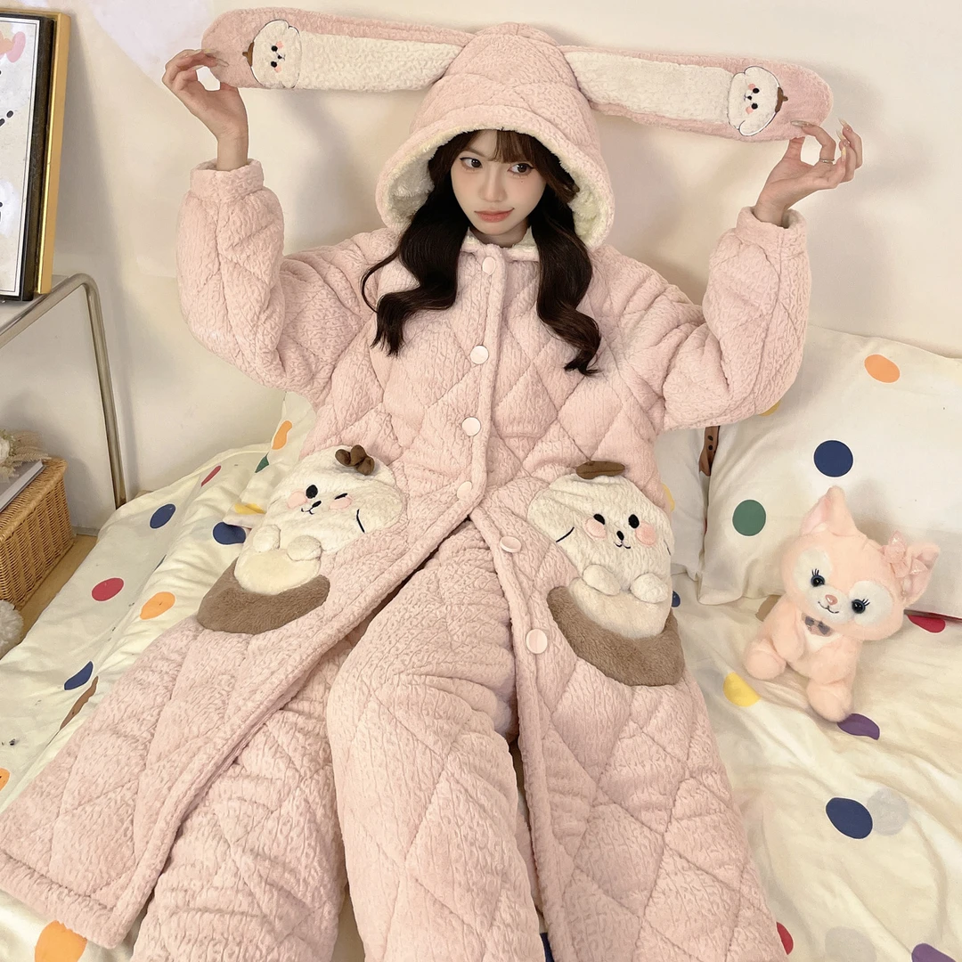 【长袍2617粉色新款冬季睡衣女】三层加厚加绒夹棉睡衣套装可外穿