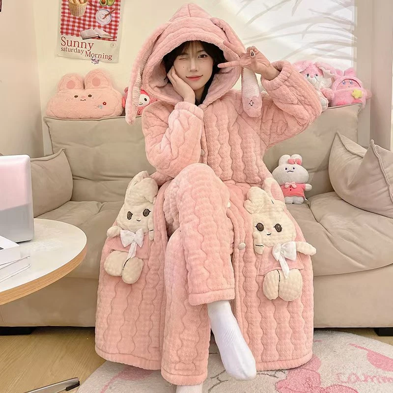 【522冬季新款袍套睡衣】女士三层加厚加绒夹棉睡衣套装可外穿