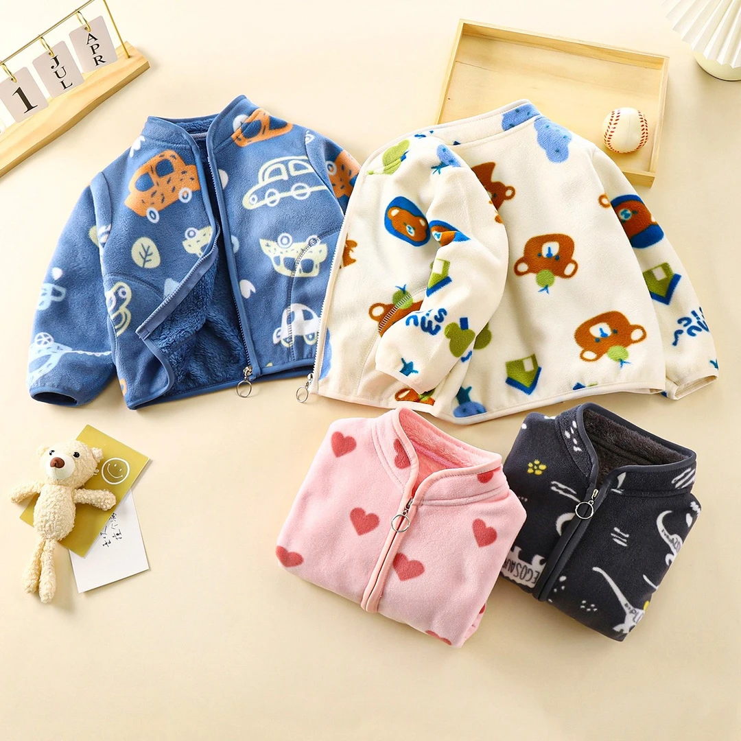 秋冬新款摇粒绒儿童外套加绒加厚印花中大童开衫抓绒上衣保暖童装