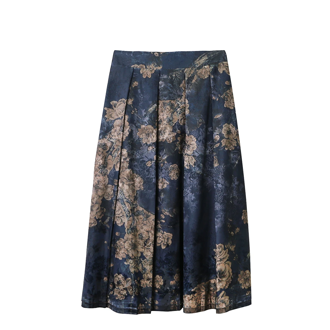 沫屿气质时尚复古印花a字半身显瘦百褶裙百搭中式国风遮胯中长裙