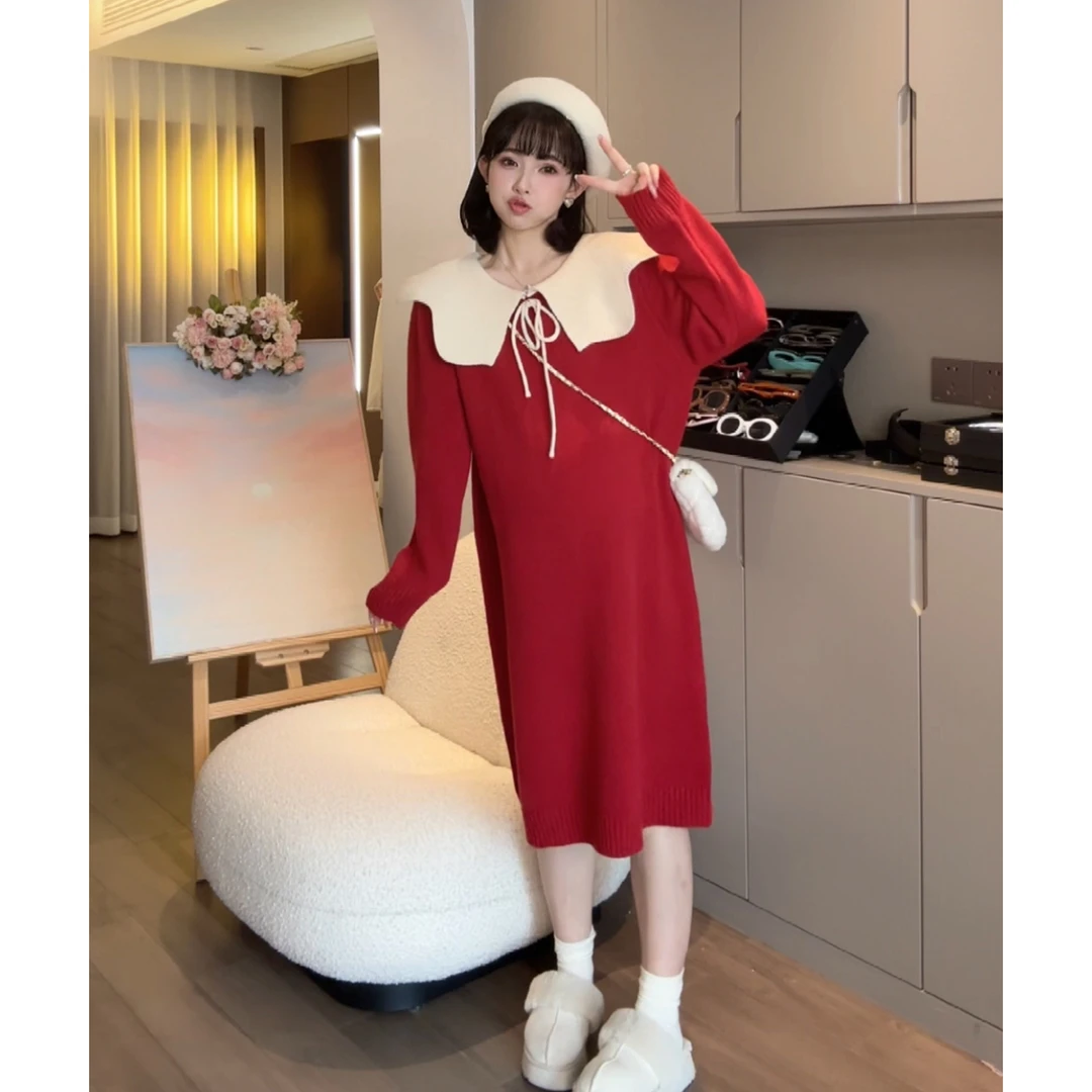 maodan/猫单 清仓【沃顿少女】孕妇装秋冬翻领裙针织中长款毛衣裙