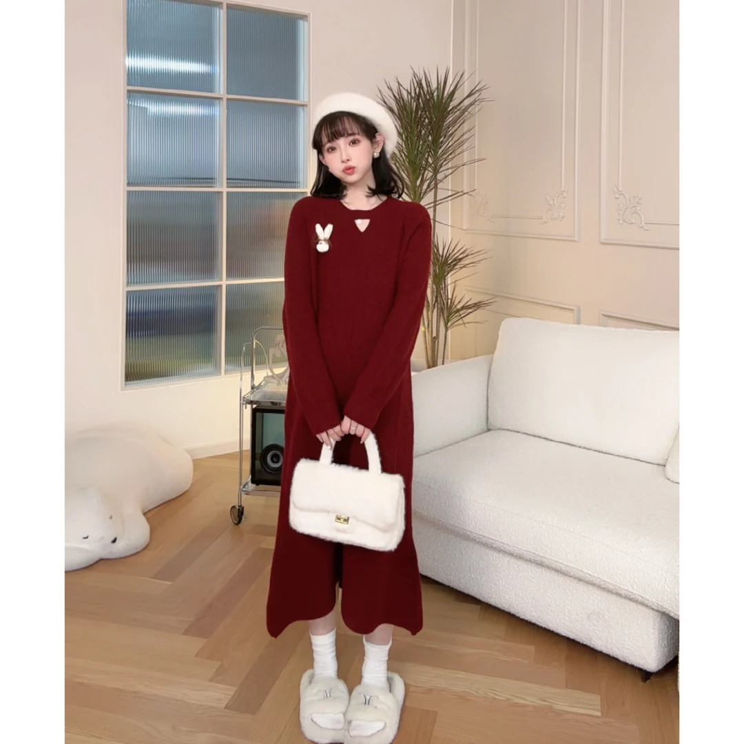 maodan/猫单清仓【心动降临】孕妇装针织连衣裙红色打底裙冬季2025