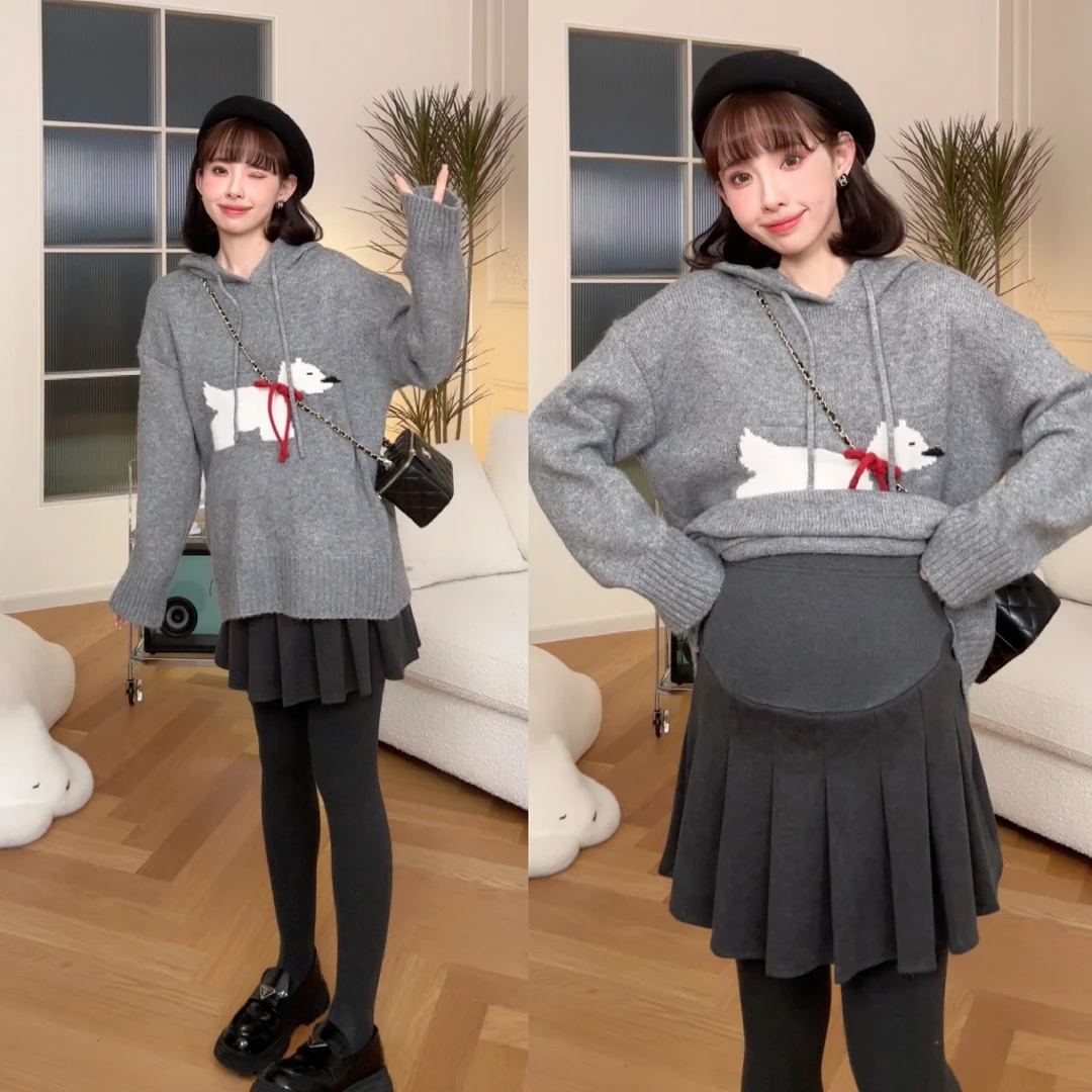 maodan/猫单清仓【路易学院】孕妇装2025新款针织连帽毛衣学院风