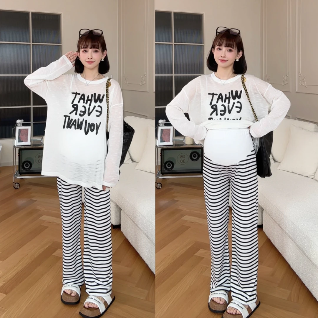 maodan/猫单【伦敦杂游】条纹孕妇裤/外穿运动洋气休闲装孕妇装夏装