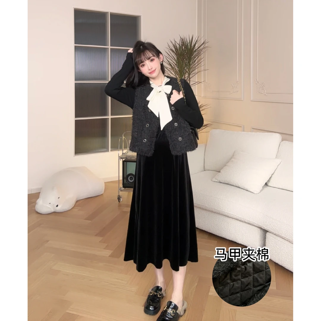 maodan/猫单清仓【卢浮画映】孕妇装秋冬夹棉小香风马甲连衣裙套装.