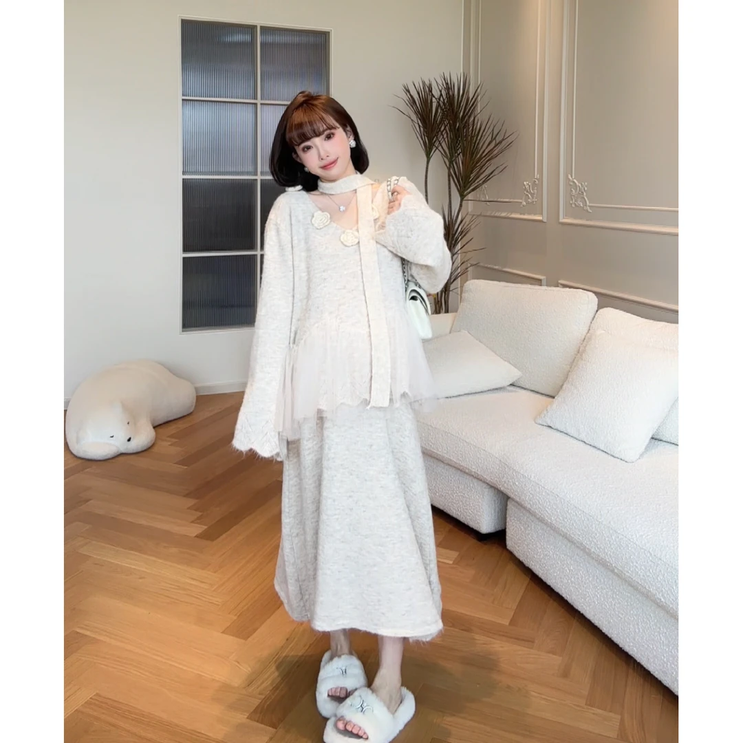 maodan/猫单【米奈湖畔】孕妇装秋冬款时尚温柔针织上衣裙子两件套.