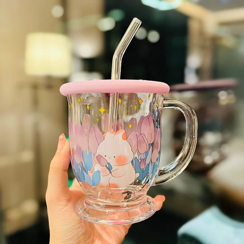 新疆50元包邮，印花耐热透明吸管奶杯餐杯大容量喝水杯玻璃小清新