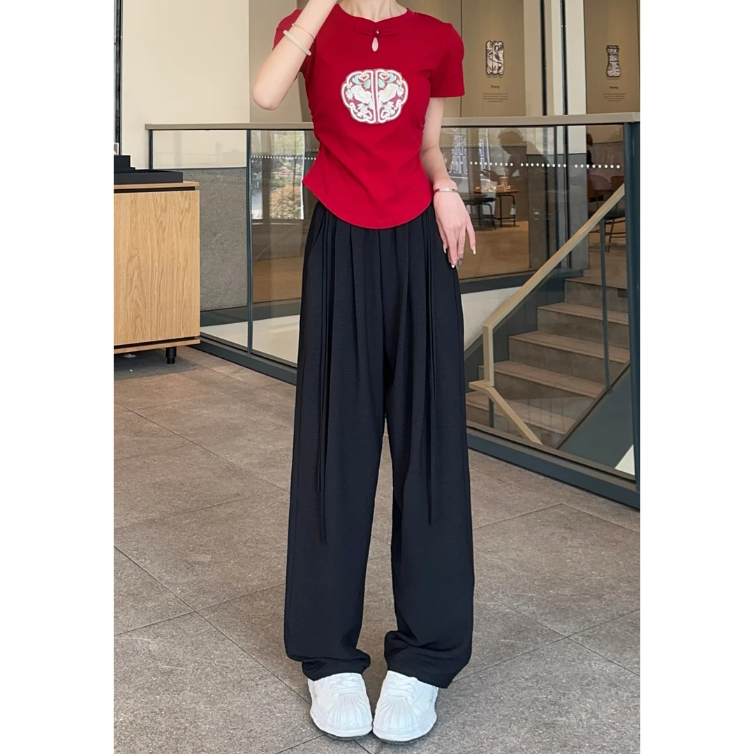 UP SELECT  B1236 国风盘扣垂感飘带裤休闲裤阔腿裤百搭简约 LF01