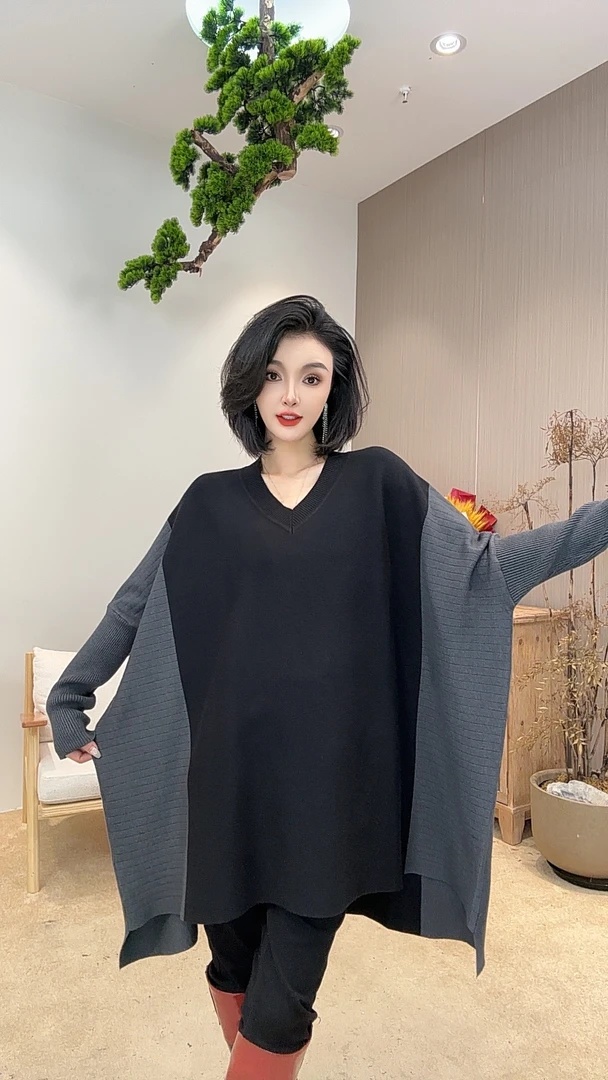 高奢严选丨尘宵丨冬季时尚百搭宽松拼接蝴蝶袖圆领秋冬毛衣-4125#