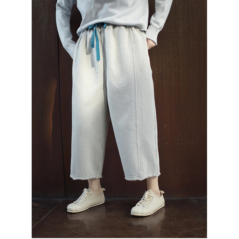 【佩蘭】秋冬新款厚实毛圈针织布磨毛松紧腰休闲抽绳萝卜裤21215