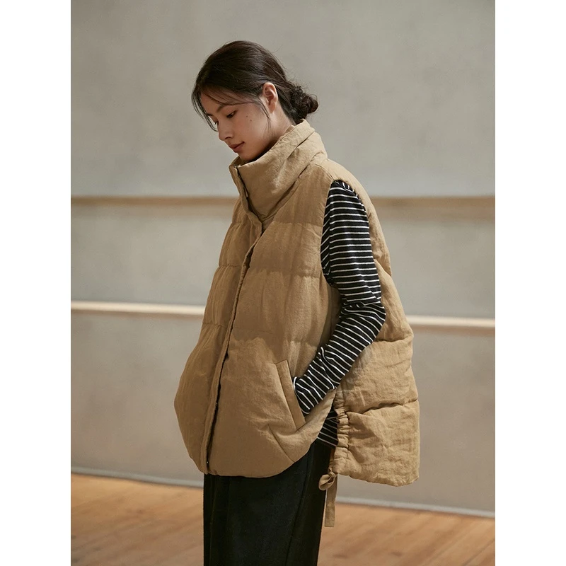 冬新95绒女士马甲立领设计感宽松百搭外穿保暖亚麻马甲22387