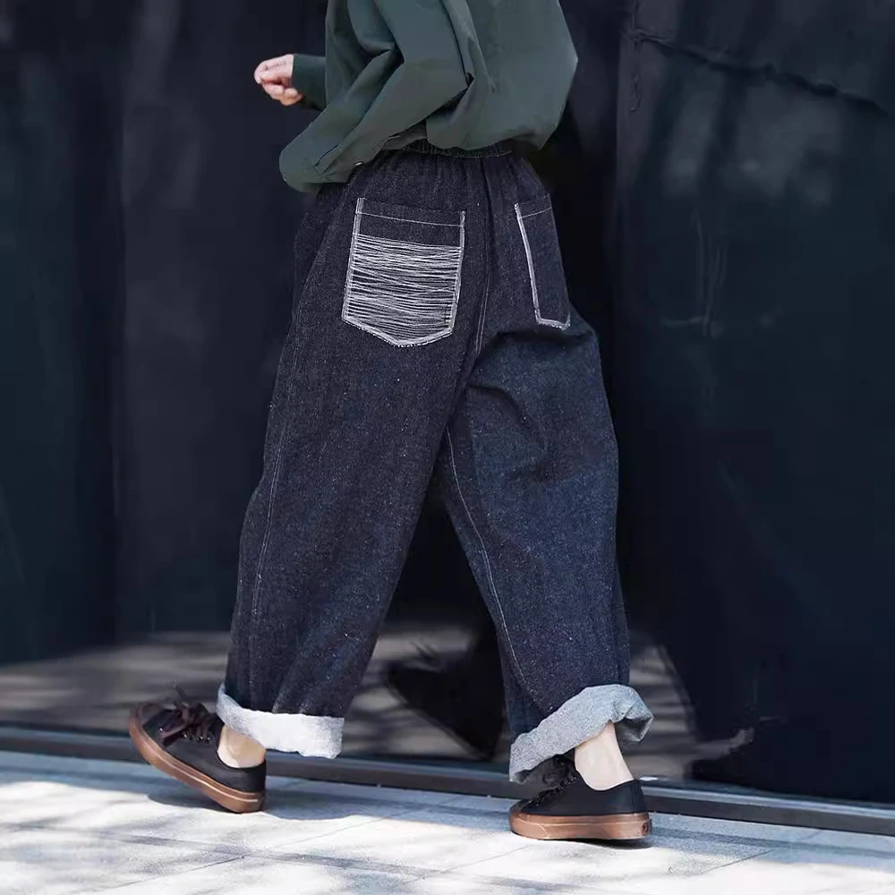 三季款黑色汉麻棉松紧腰经典女士复古宽松休闲直筒牛仔裤1075