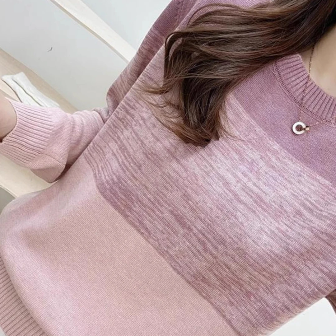 圆领套头渐变针织衫秋季新款漂亮时尚打底衫宽松显瘦长袖毛衣女