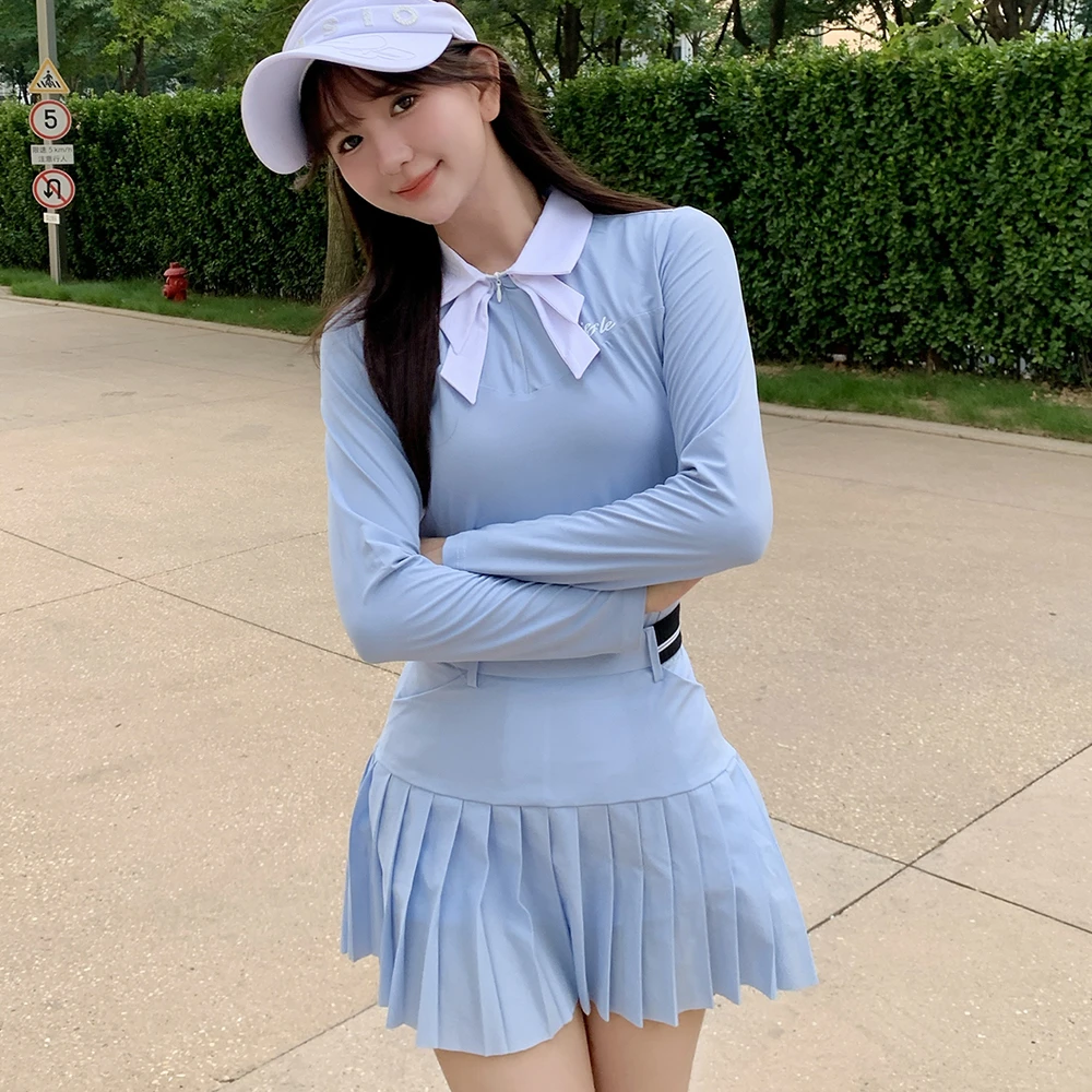 新款秋季高尔夫服装女士浅蓝色套装裙蝴蝶结翻领设计时尚高端球衣