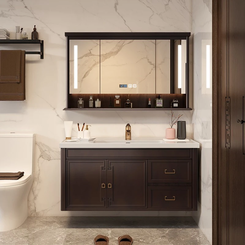 新中式浴室柜实木卫生间洗脸盆柜组合陶瓷一体洗手盆柜洗漱台卫浴