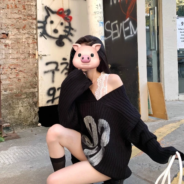 VS wrnot 美式辣妹数字印花V领针织衫女慵懒复古宽松黑色毛衣