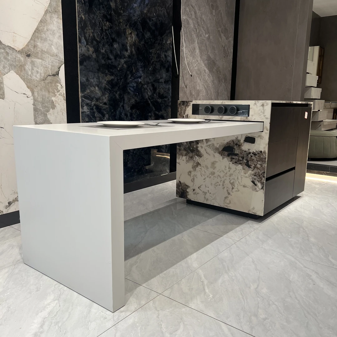 现代轻奢风极简线条半包款餐厨两用一体岛台餐桌餐台操作台