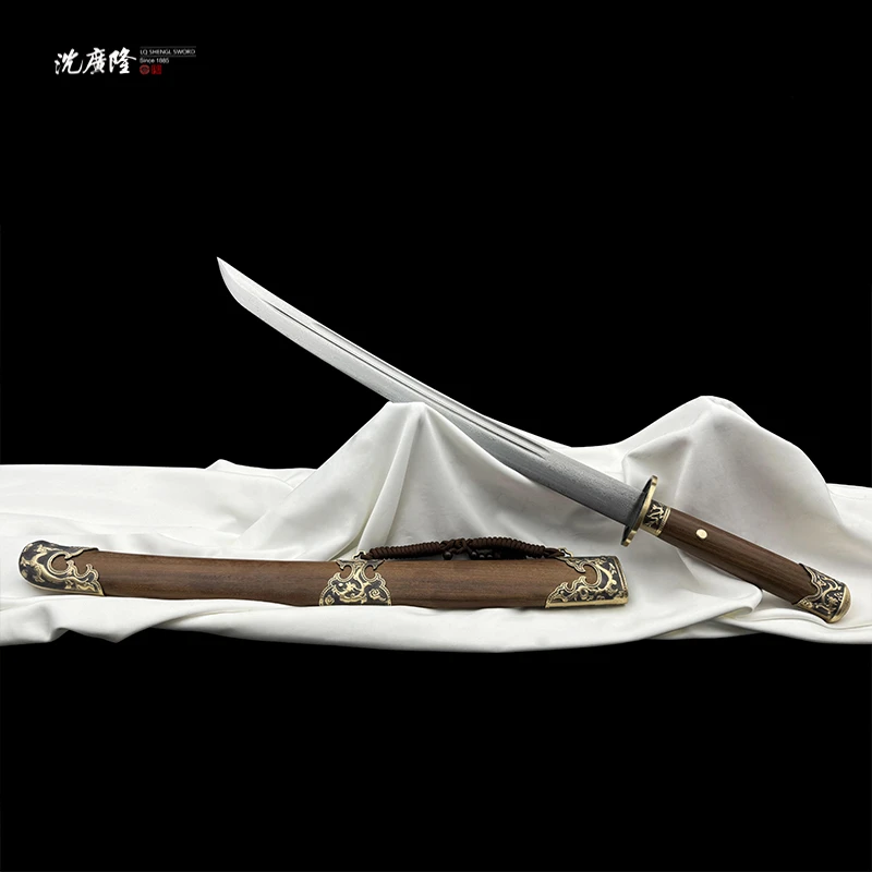 龙泉沈广隆-飞龙雁翎刀直柄 黄铜 龙凤檀 花纹钢 手工宝剑 未开刃