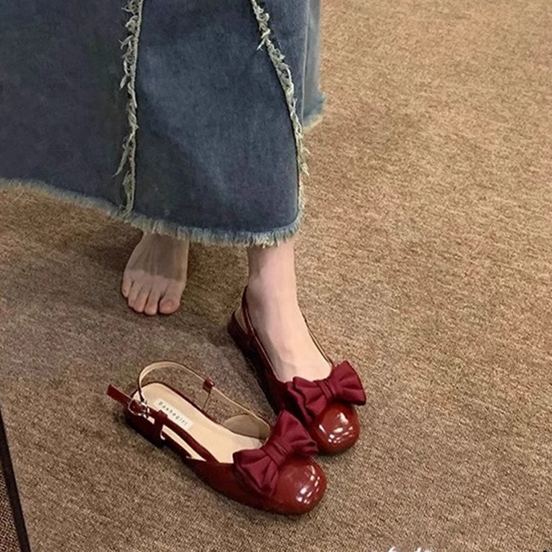 红色蝴蝶结包头凉鞋女2025夏季新款甜美百搭配裙子仙