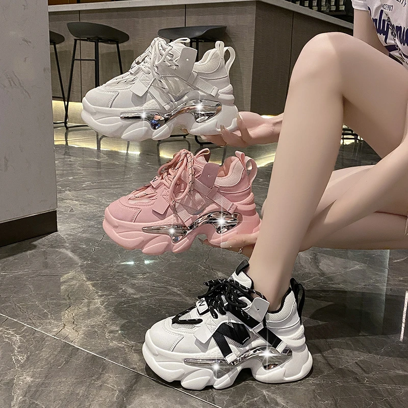 欧洲站网面老爹鞋女2025年春季新款厚底小个子显腿透