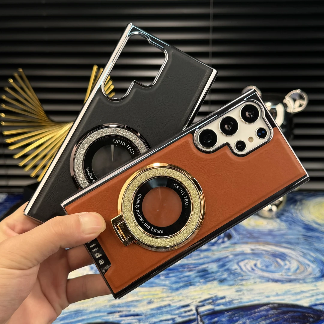 【电镀机甲贴皮边框+鎏金闪粉支架】适用于三星S23Ultra手机壳