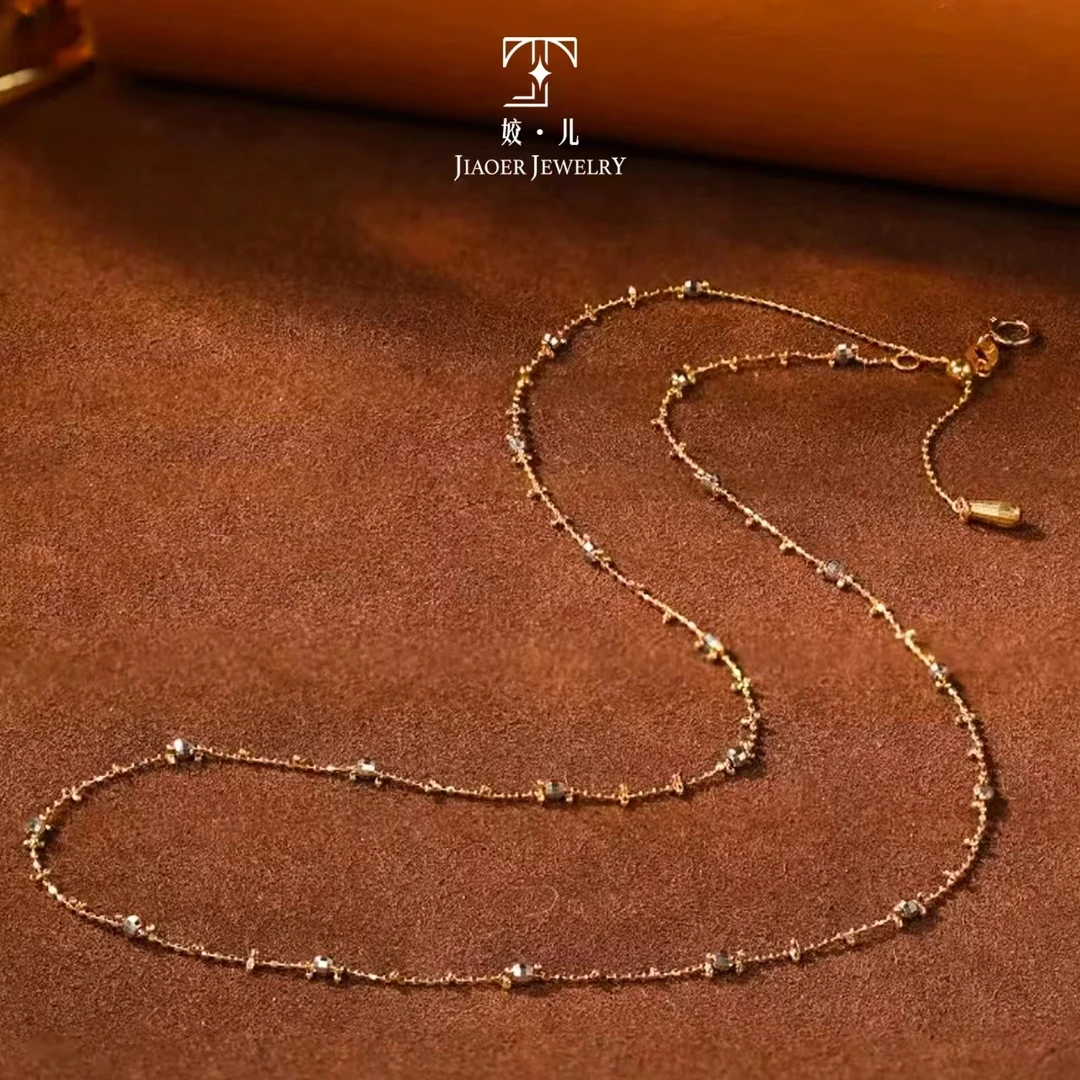 【姣儿珠宝】18K金素金黄白双色金仙女链珠宝爆闪可调节项链素金